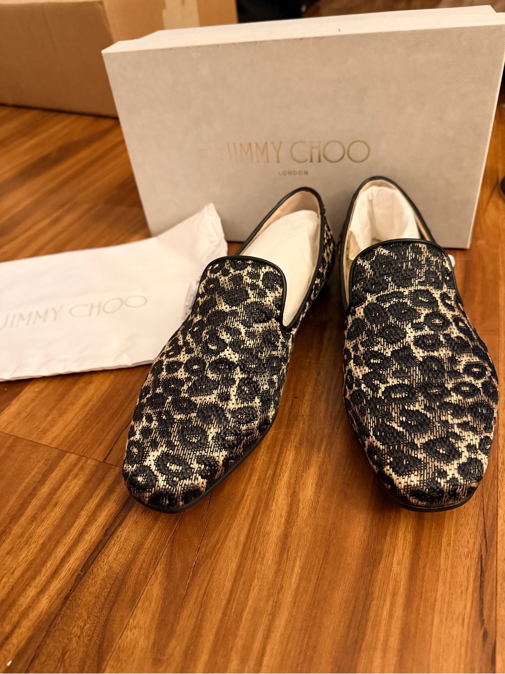 Jimmy Choo Black and Gold Leopard Jacquard Women’s Loafers